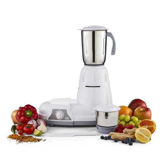 The 2-in-1 white and grey Geepas mixer grinder on a white background with different spices and foods around it.